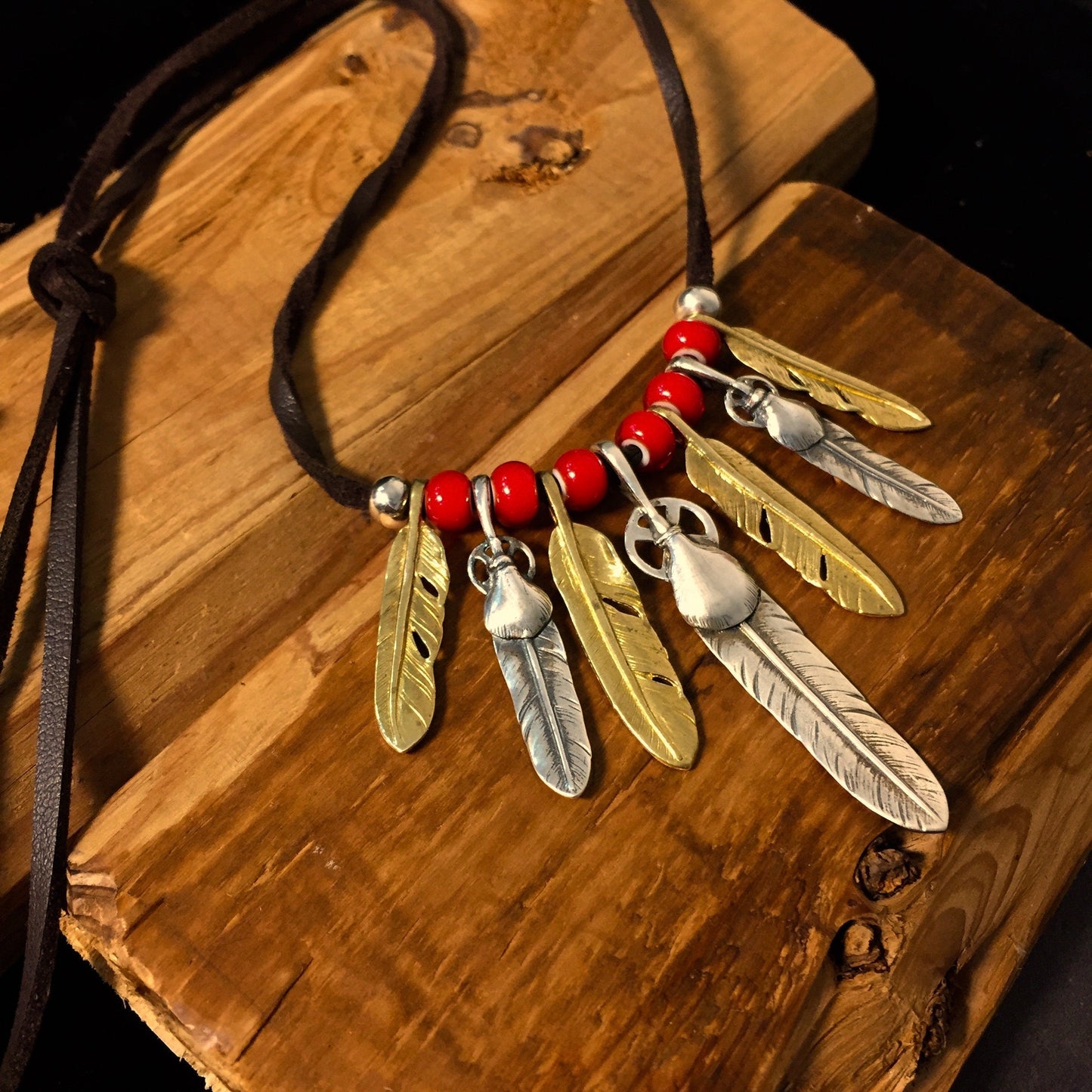 Japan Takahashi Goro Silver Feather Leather Necklace Big Feather 8x50mm Small Feather 6x33mm Retro Sterling 925 Silver Hip Hop style 44cm
