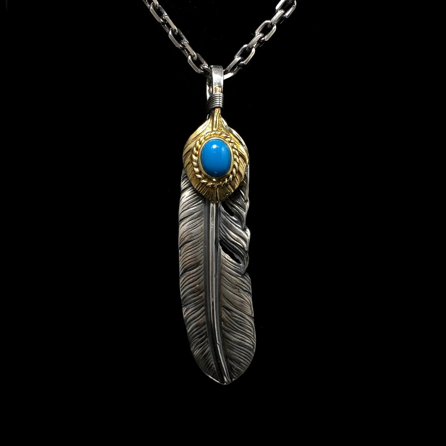 Native American Jewelry Left Feather Leaf Retro 925 Silver Goro Takahashi Pendant with Blue Turquoise
