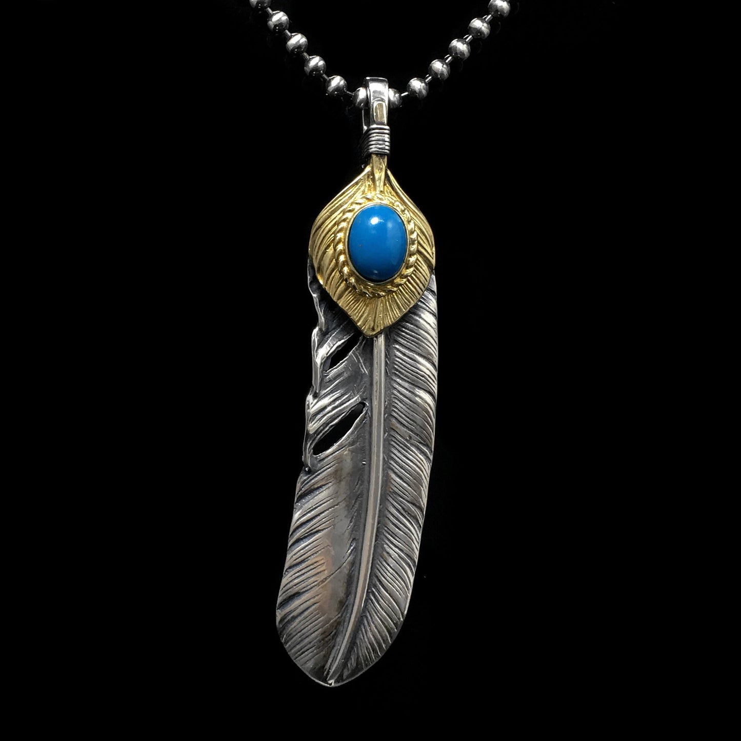 Right Feather Leaf Retro 925 Silver Goro Takahashi Pendant with Turquoise
