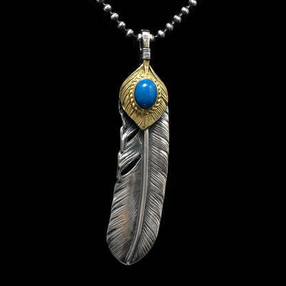 Right Feather Leaf Retro 925 Silver Goro Takahashi Pendant with Turquoise