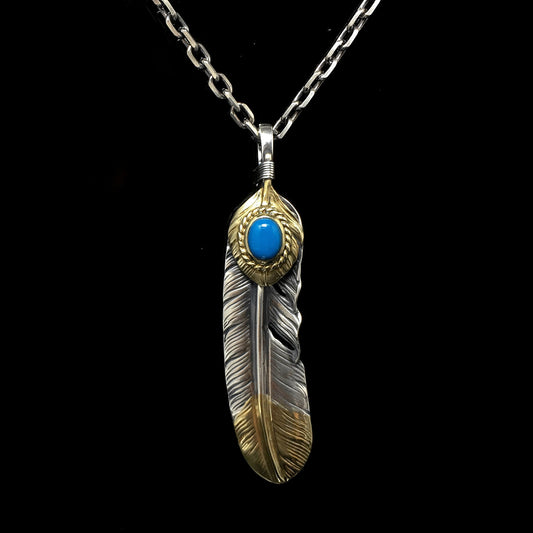 Left John Mayer Necklace Feather Leaf Retro 925 Silver Goro Takahashi Pendant with Brass Turquoise