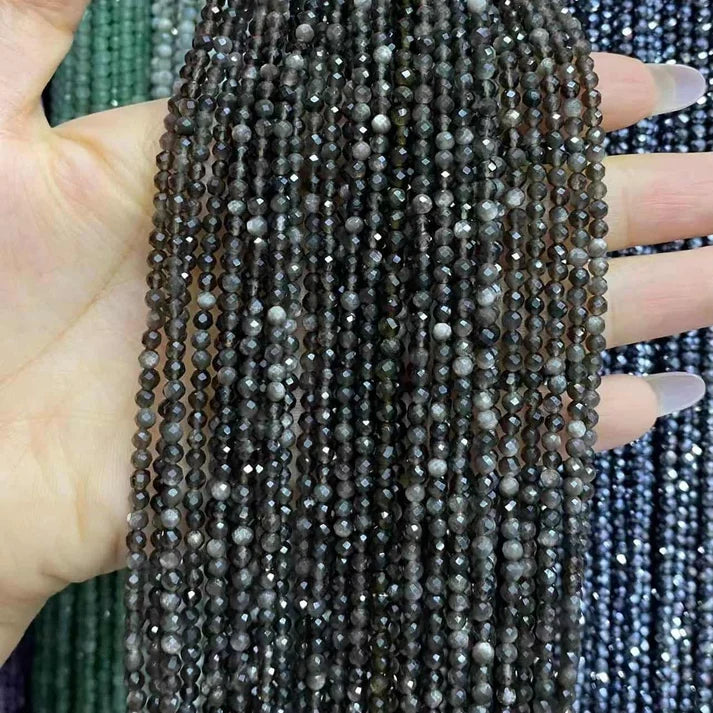 Silver Obsidian Tiny Faceted Round Beads 2mm 3mm 4mm