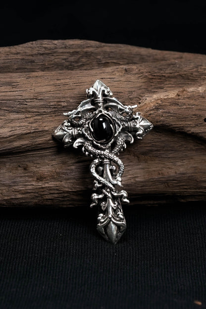 Antique Black Onyx Cross 925 Silver Pendant