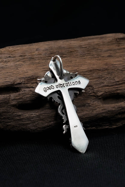 Antique Black Onyx Cross 925 Silver Pendant