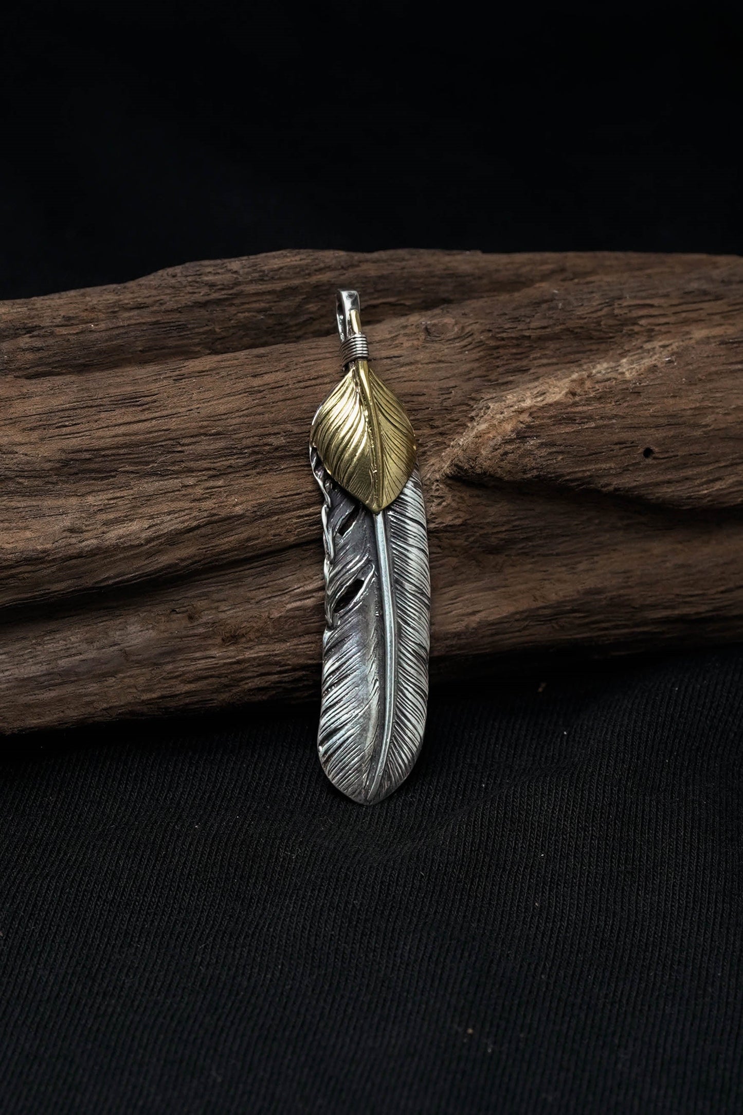 Right Feather Brass Leaf Retro 925 Silver Pendant Japan Takahashi Goro