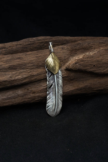 Right Feather Brass Leaf Retro 925 Silver Pendant Japan Takahashi Goro
