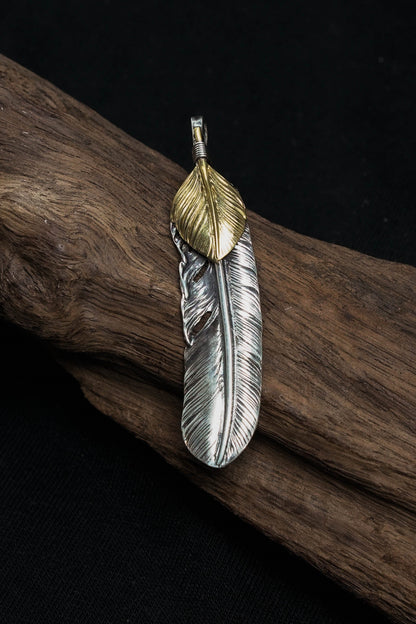 Right Feather Brass Leaf Retro 925 Silver Pendant Japan Takahashi Goro