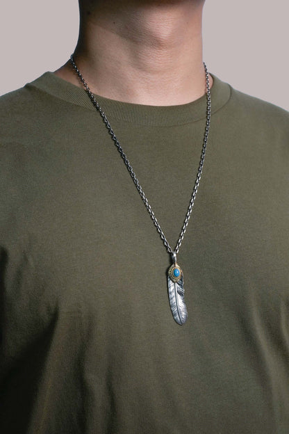 Native American Jewelry Left Feather Leaf Retro 925 Silver Goro Takahashi Pendant with Blue Turquoise