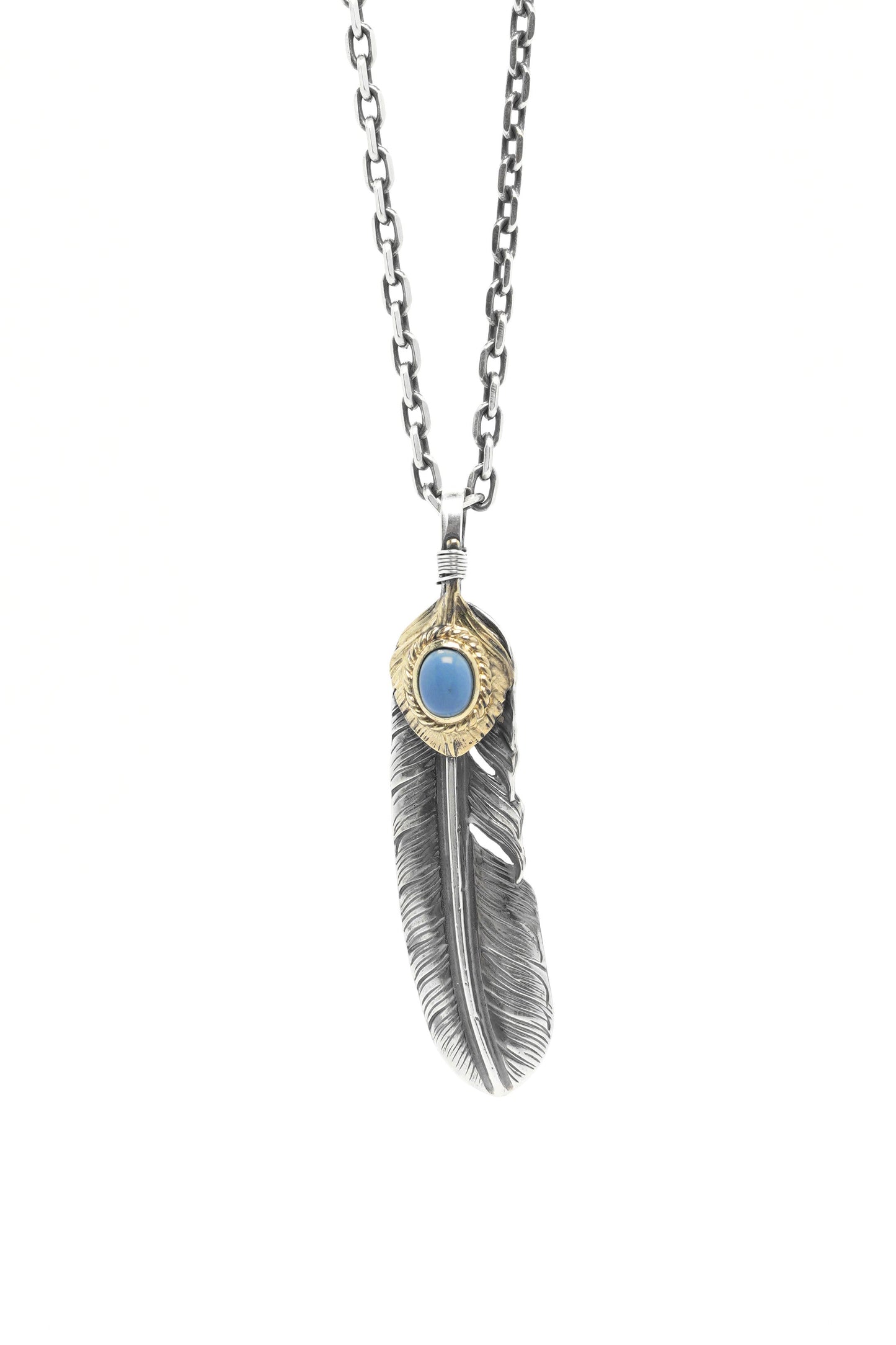 Native American Jewelry Left Feather Leaf Retro 925 Silver Goro Takahashi Pendant with Blue Turquoise