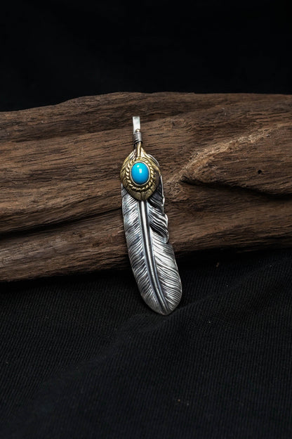 Native American Jewelry Left Feather Leaf Retro 925 Silver Goro Takahashi Pendant with Blue Turquoise