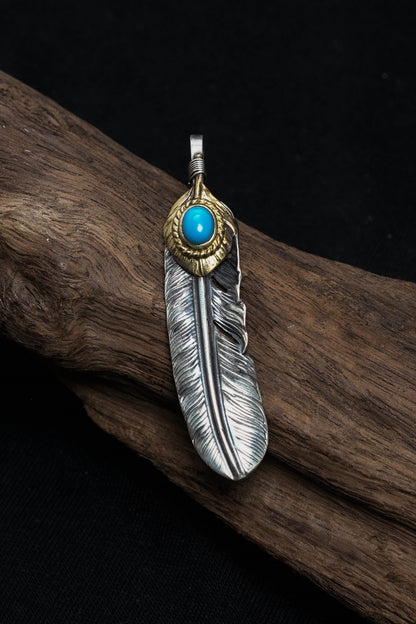 Native American Jewelry Left Feather Leaf Retro 925 Silver Goro Takahashi Pendant with Blue Turquoise