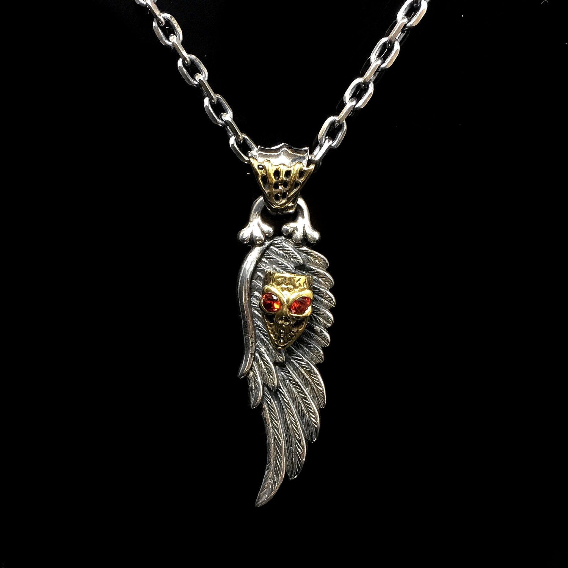 925 Sterling Silver Wing Red Eye Skull Pendant