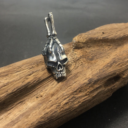 Gothic Sterling Silver Mens Eagle Bird Claw Grabbing Skull Pendant