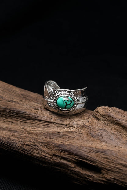 Takahashi Goro Mens Feather 925 Sterling Silver Natural Turquoise Ring