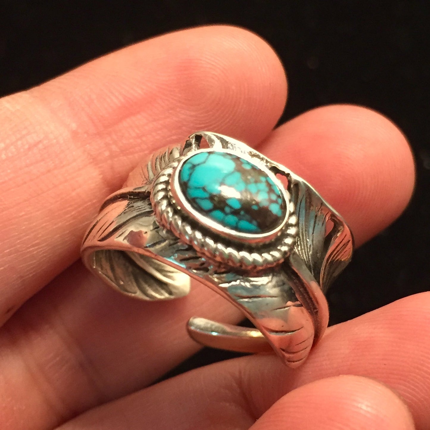 Takahashi Goro Mens Feather 925 Sterling Silver Natural Turquoise Ring