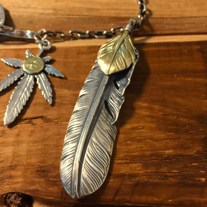 Japan Takahashi Goro Feather Bird Necklace Set Left Feather 66x14mm Leaf 23x33mm Retro Sterling 925 Silver Hip Hop style Fashion Necklace