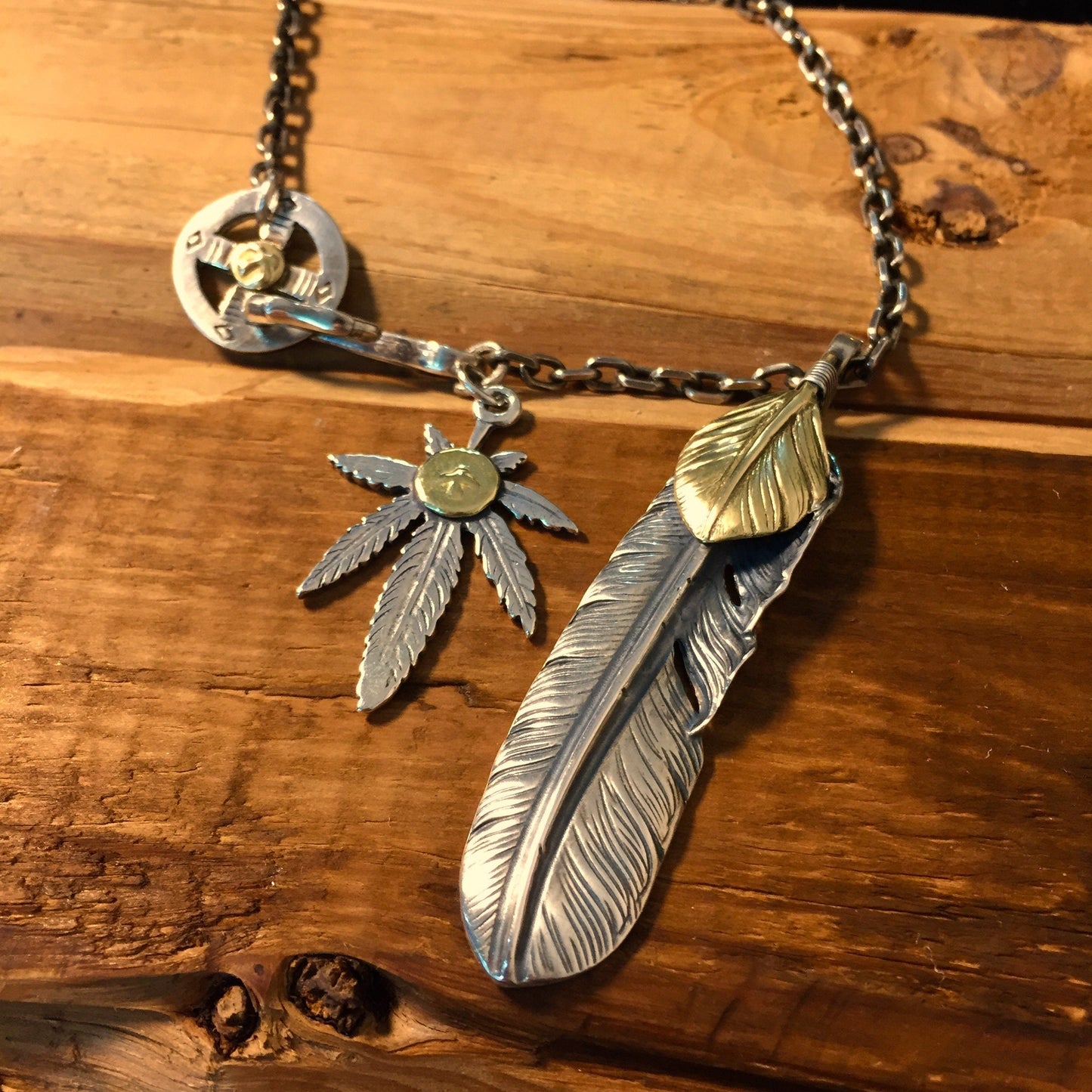 Japan Takahashi Goro Feather Bird Necklace Set Left Feather 66x14mm Leaf 23x33mm Retro Sterling 925 Silver Hip Hop style Fashion Necklace