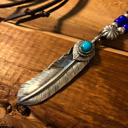 Japan Takahashi Goro Feather Necklace Set Right Feather 66x14mm Turquoise 5x7mm Leather Necklace44cm Retro Sterling 925 Silver Hip Hop style