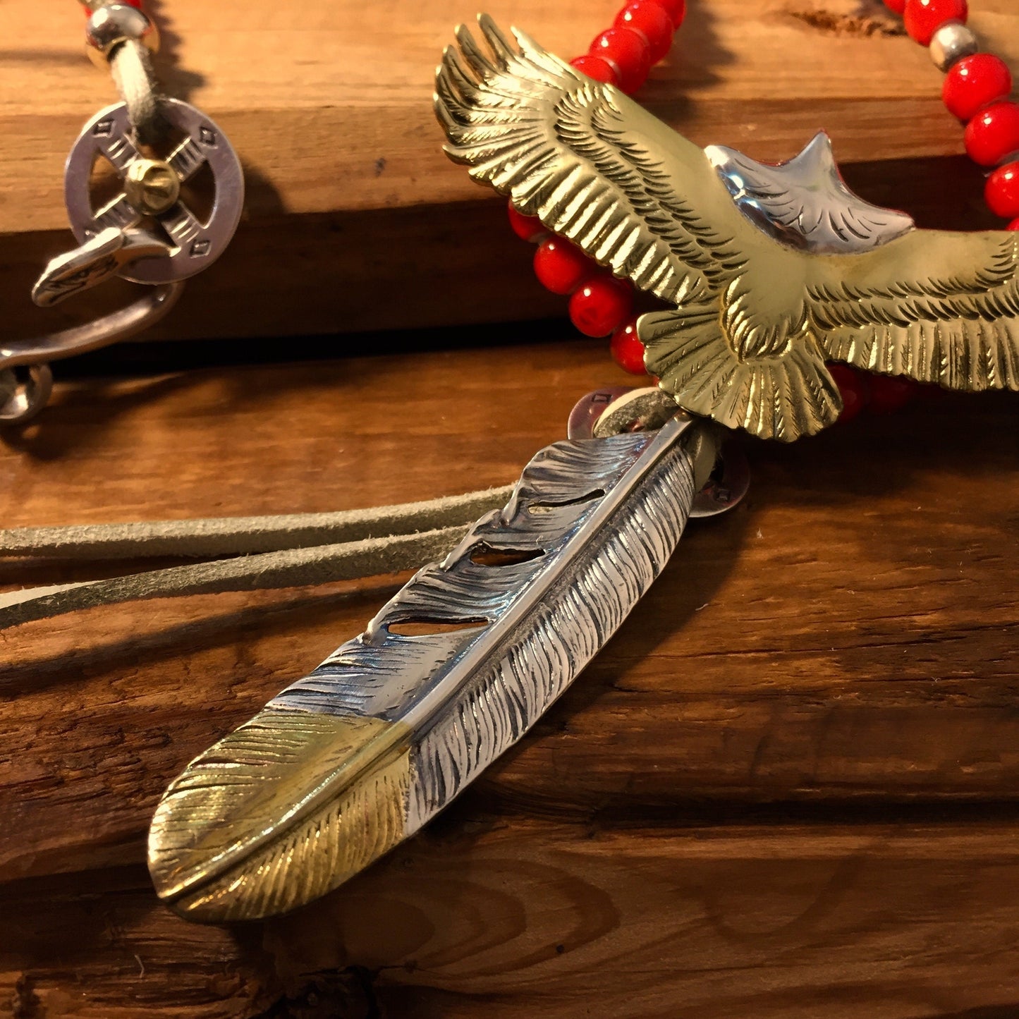 Japan Takahashi Goro Silver Feather Leather Necklace Right Feather 66x14mm Eagle 30x70mm Retro Sterling 925 Silver Hip Hop style Necklace