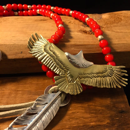 Japan Takahashi Goro Silver Feather Leather Necklace Right Feather 66x14mm Eagle 30x70mm Retro Sterling 925 Silver Hip Hop style Necklace