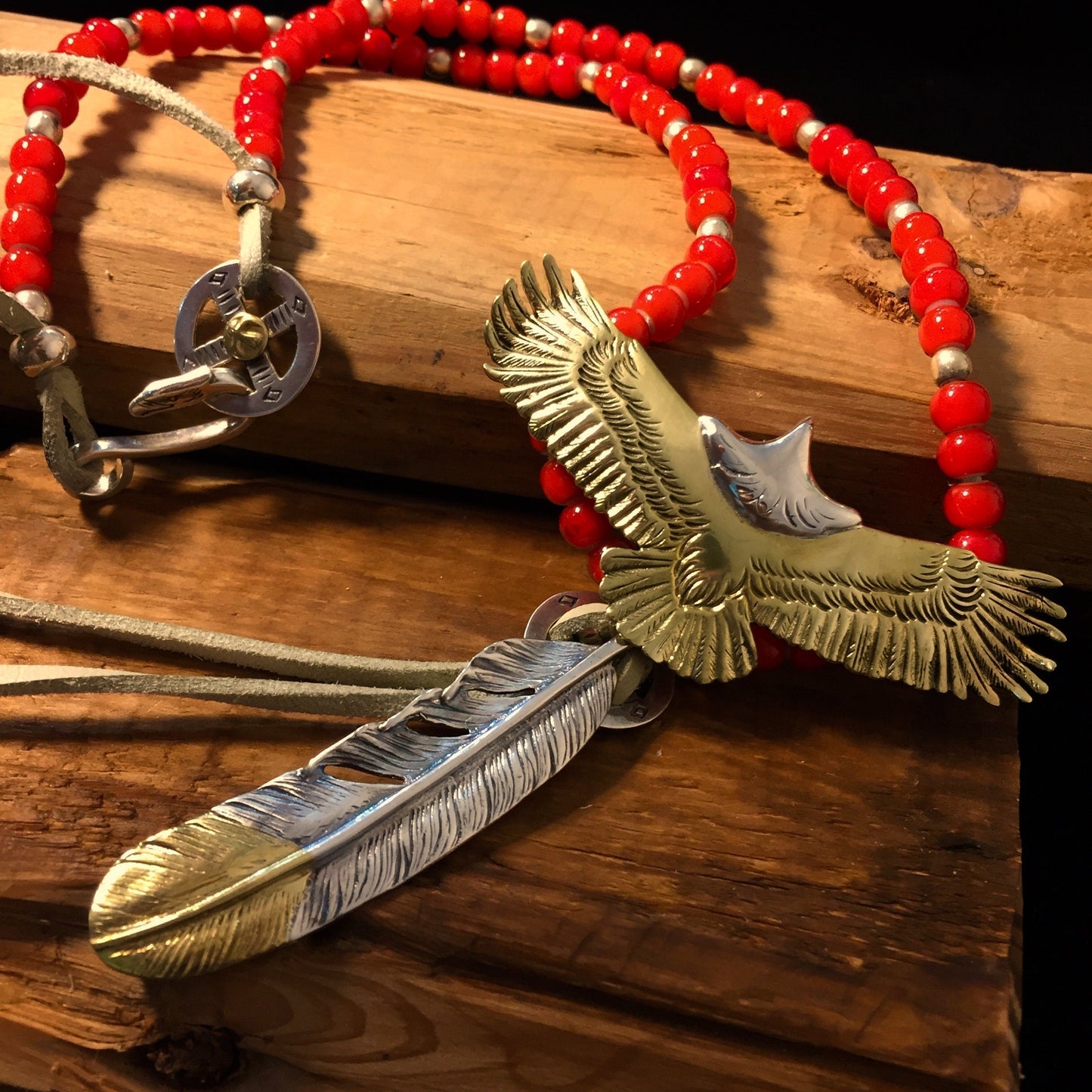 Japan Takahashi Goro Silver Feather Leather Necklace Right Feather 66x14mm Eagle 30x70mm Retro Sterling 925 Silver Hip Hop style Necklace