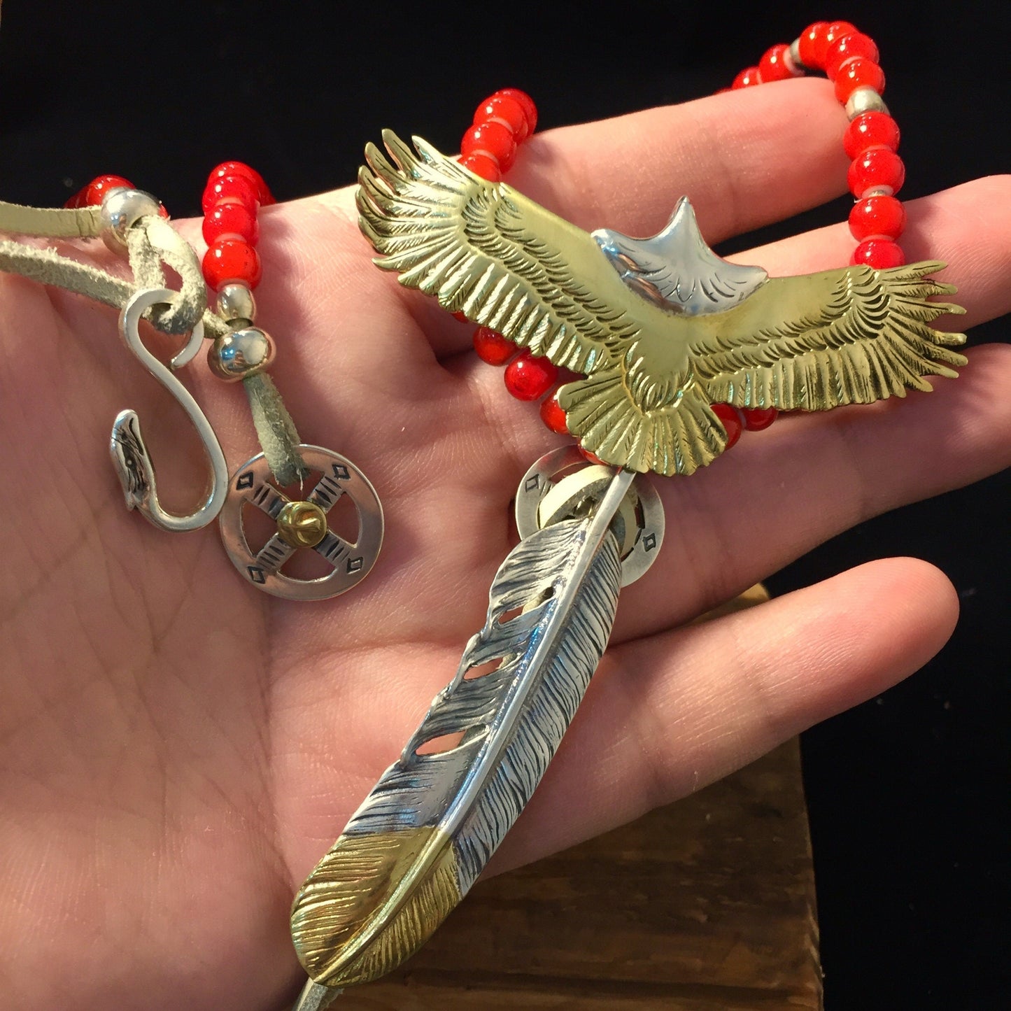 Japan Takahashi Goro Silver Feather Leather Necklace Right Feather 66x14mm Eagle 30x70mm Retro Sterling 925 Silver Hip Hop style Necklace