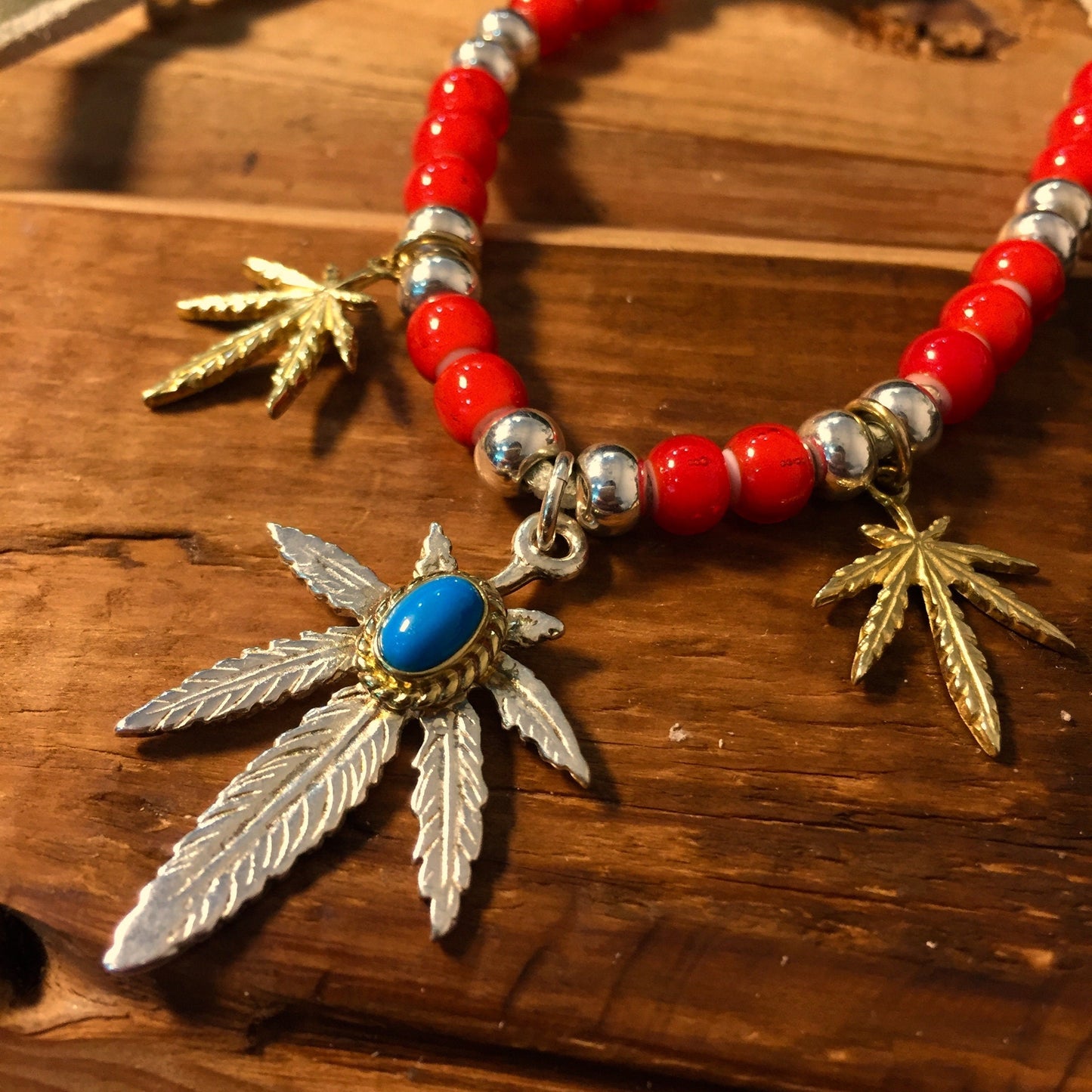 Japan Takahashi Goro Silver Leaf Leather Necklace Leaf 23x33mm Turquoise Beads 3x5mm Retro Sterling 925 Silver Hip Hop style Necklace