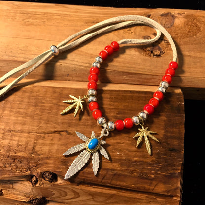 Japan Takahashi Goro Silver Leaf Leather Necklace Leaf 23x33mm Turquoise Beads 3x5mm Retro Sterling 925 Silver Hip Hop style Necklace