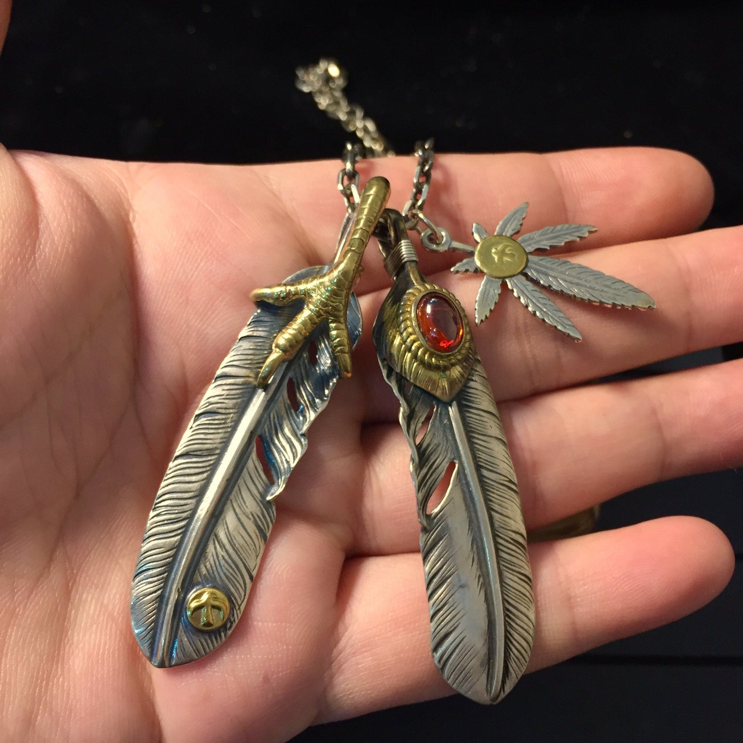Japan Takahashi Goro Silver Feather Leather Necklace Big Feathers 66x14mm Small Feather 8x50mm Retro Sterling 925 Silver Hip Hop style 65cm