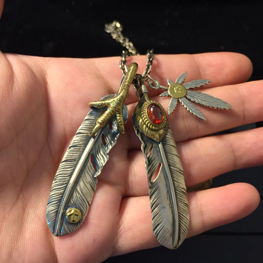 Japan Takahashi Goro Silver Feather Leather Necklace Big Feathers 66x14mm Small Feather 8x50mm Retro Sterling 925 Silver Hip Hop style 65cm