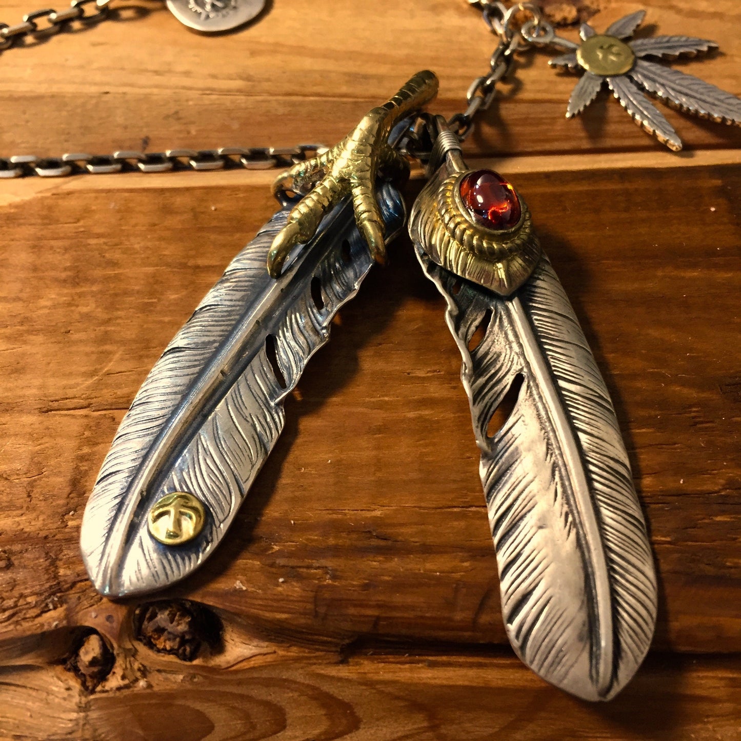 Japan Takahashi Goro Silver Feather Leather Necklace Big Feathers 66x14mm Small Feather 8x50mm Retro Sterling 925 Silver Hip Hop style 65cm