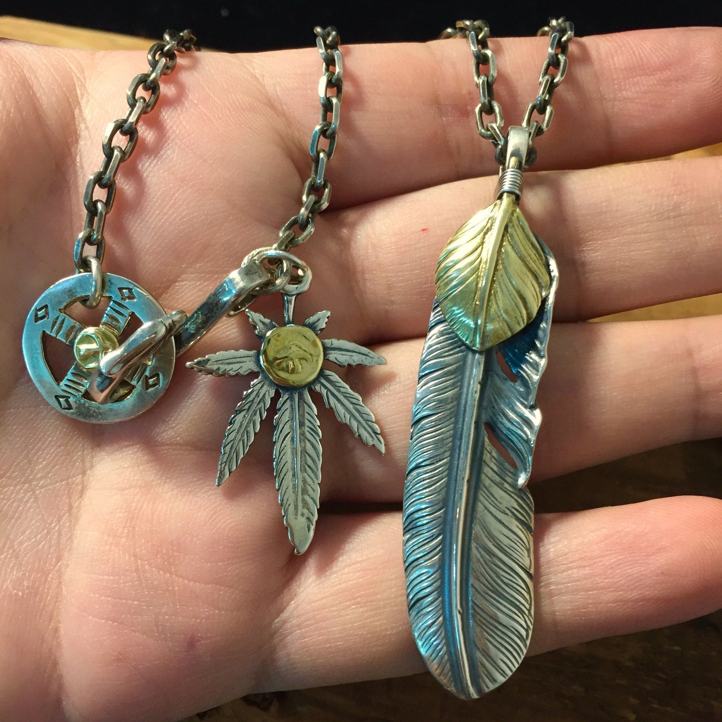 Japan Takahashi Goro Feather Bird Necklace Set Left Feather 66x14mm Leaf 23x33mm Retro Sterling 925 Silver Hip Hop style Fashion Necklace