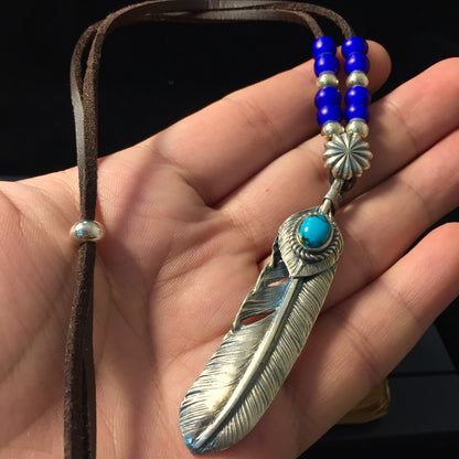 Japan Takahashi Goro Feather Necklace Set Right Feather 66x14mm Turquoise 5x7mm Leather Necklace44cm Retro Sterling 925 Silver Hip Hop style