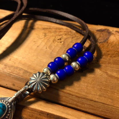 Japan Takahashi Goro Feather Necklace Set Right Feather 66x14mm Turquoise 5x7mm Leather Necklace44cm Retro Sterling 925 Silver Hip Hop style