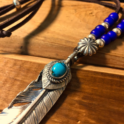 Japan Takahashi Goro Feather Necklace Set Right Feather 66x14mm Turquoise 5x7mm Leather Necklace44cm Retro Sterling 925 Silver Hip Hop style