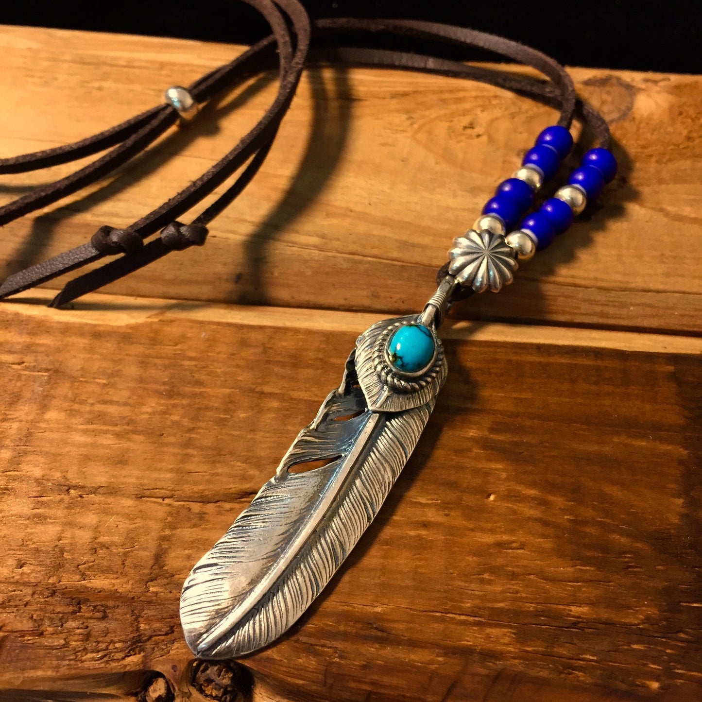 Japan Takahashi Goro Feather Necklace Set Right Feather 66x14mm Turquoise 5x7mm Leather Necklace44cm Retro Sterling 925 Silver Hip Hop style