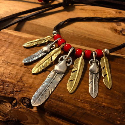 Japan Takahashi Goro Silver Feather Leather Necklace Big Feather 8x50mm Small Feather 6x33mm Retro Sterling 925 Silver Hip Hop style 44cm
