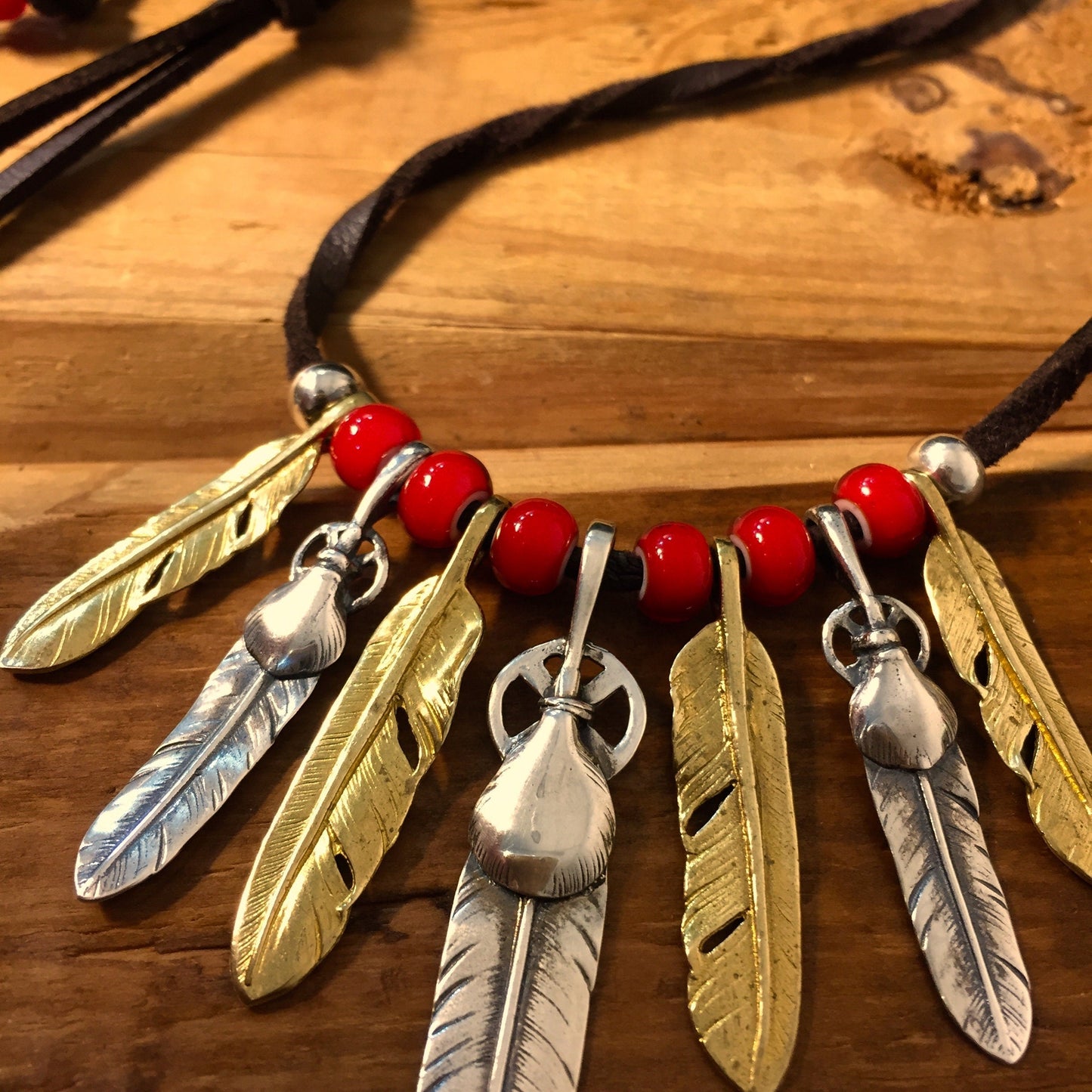 Japan Takahashi Goro Silver Feather Leather Necklace Big Feather 8x50mm Small Feather 6x33mm Retro Sterling 925 Silver Hip Hop style 44cm