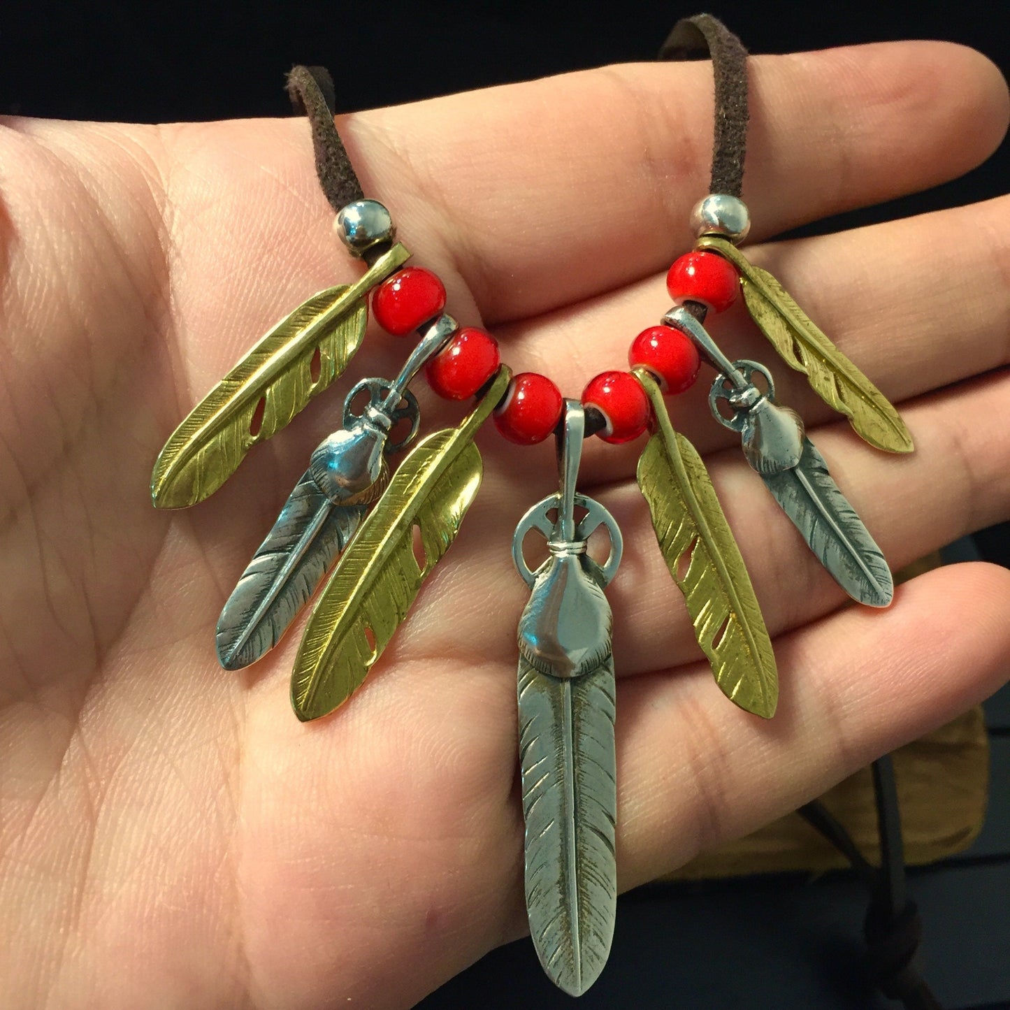 Japan Takahashi Goro Silver Feather Leather Necklace Big Feather 8x50mm Small Feather 6x33mm Retro Sterling 925 Silver Hip Hop style 44cm
