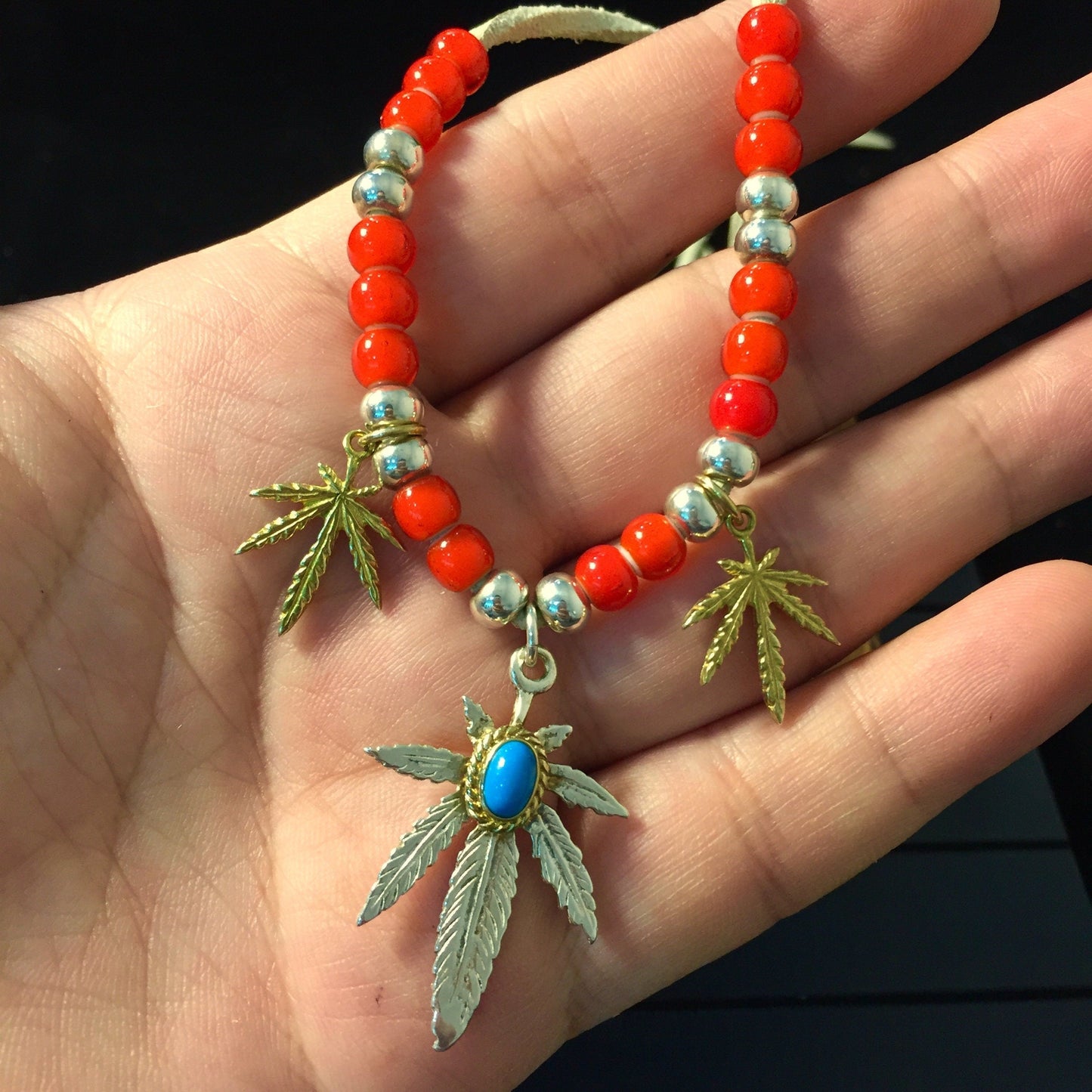 Japan Takahashi Goro Silver Leaf Leather Necklace Leaf 23x33mm Turquoise Beads 3x5mm Retro Sterling 925 Silver Hip Hop style Necklace