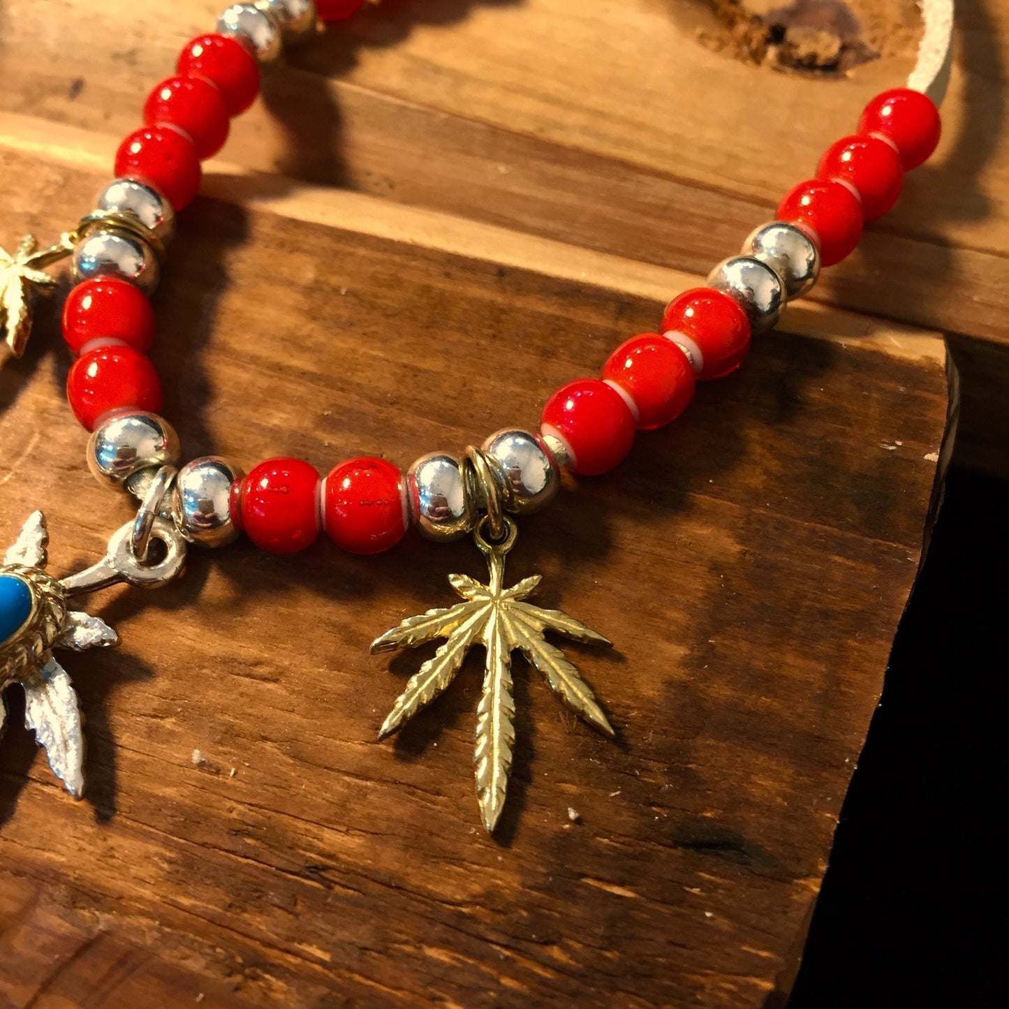 Japan Takahashi Goro Silver Leaf Leather Necklace Leaf 23x33mm Turquoise Beads 3x5mm Retro Sterling 925 Silver Hip Hop style Necklace