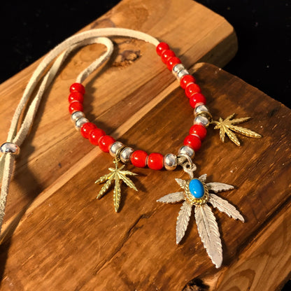 Japan Takahashi Goro Silver Leaf Leather Necklace Leaf 23x33mm Turquoise Beads 3x5mm Retro Sterling 925 Silver Hip Hop style Necklace