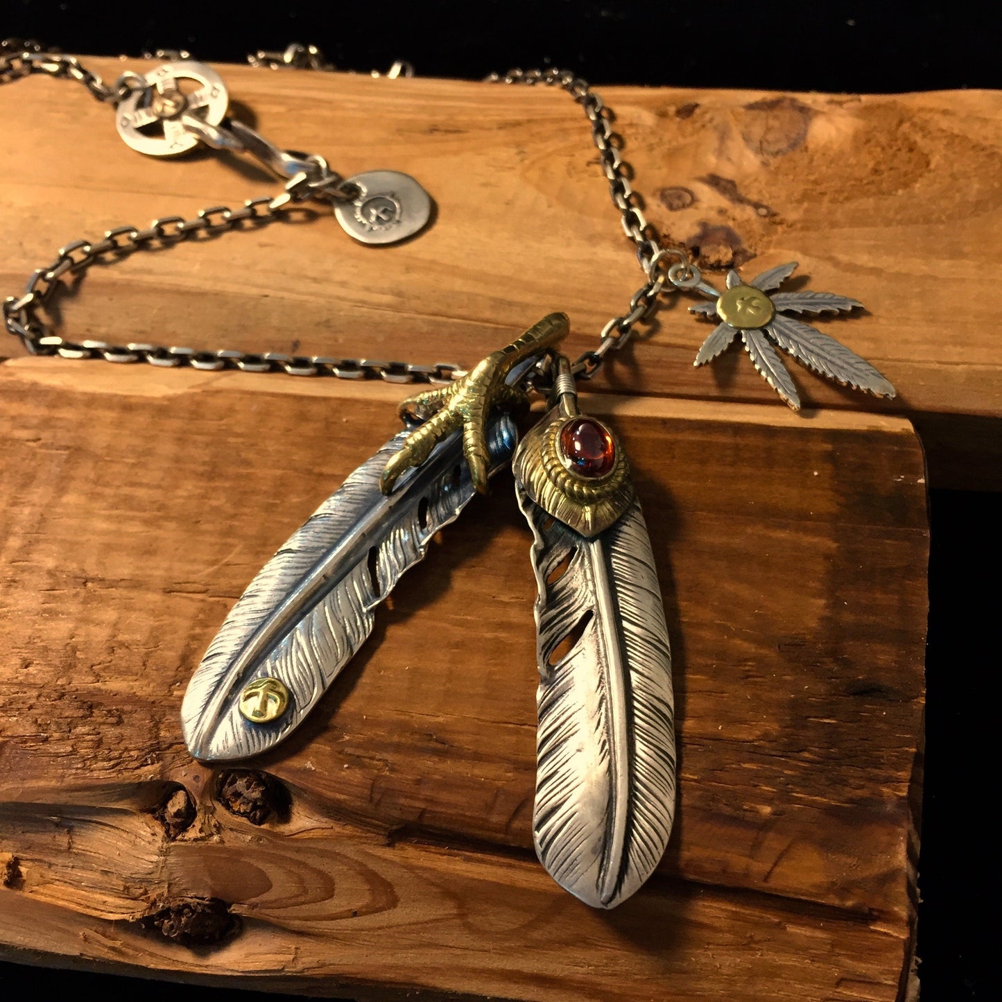 Japan Takahashi Goro Silver Feather Leather Necklace Big Feathers 66x14mm Small Feather 8x50mm Retro Sterling 925 Silver Hip Hop style 65cm