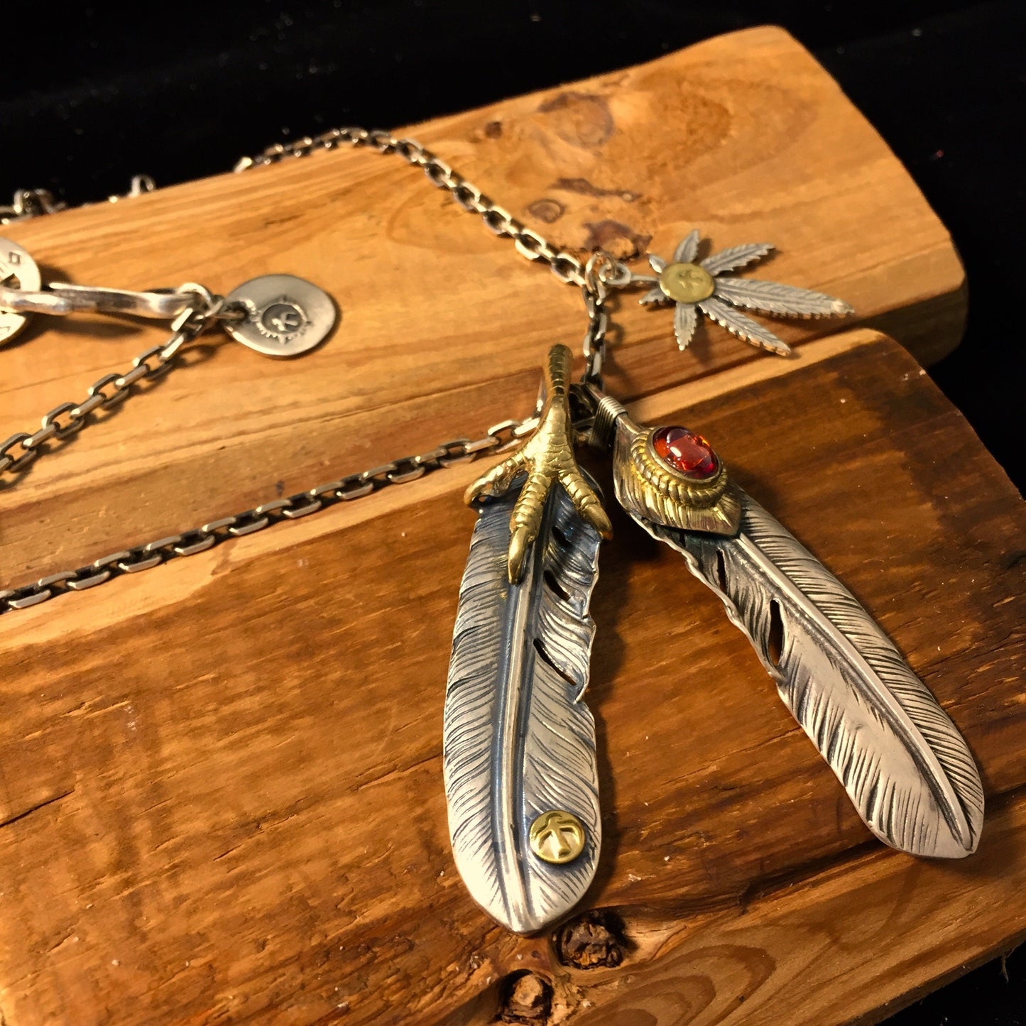Japan Takahashi Goro Silver Feather Leather Necklace Big Feathers 66x14mm Small Feather 8x50mm Retro Sterling 925 Silver Hip Hop style 65cm